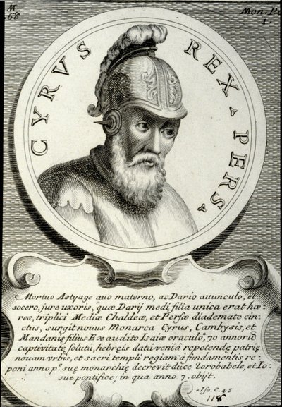 Portret van Cyrus II (ca. 559-529 v.Chr.) genaamd Cyrus de Grote, stichter van het Perzische Rijk. Gravure uit de 18e eeuw door Unknown artist