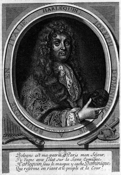 Portret van Dominique Biancolelli (1640-1688) acteur, hij creëerde het personage Harlekijn dat hij speelde. Hij maakte deel uit van het gezelschap dat Mazarin in 1660 naar Parijs bracht naar de Comédie-Italienne. door Unknown artist