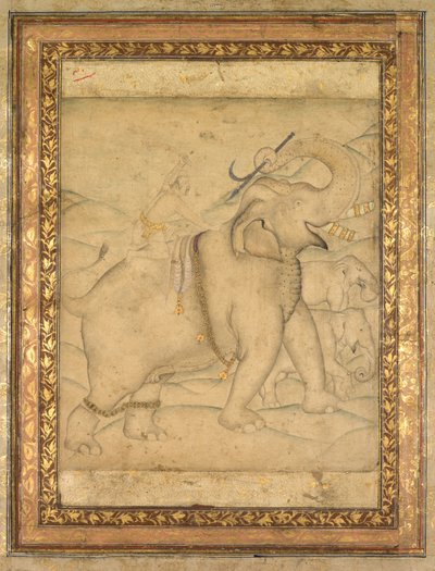 Portret van keizer Jahangir op een olifant door Unknown artist