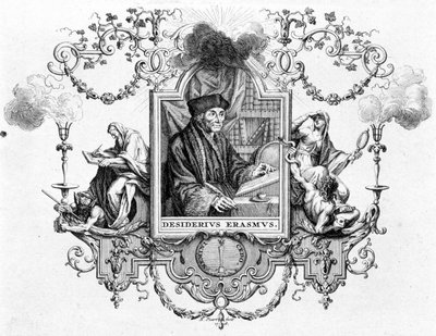Portret van Erasmus met zijn geschrift - gravure door Unknown artist