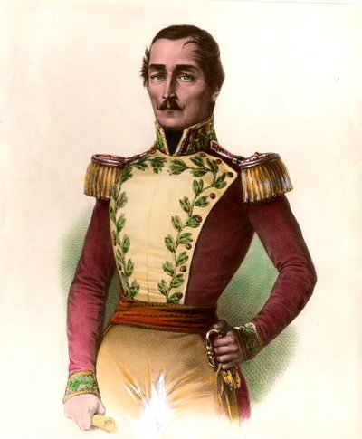 Portret van generaal Santander (Francisco de Paula) (1782-1840), Colombiaans militair en staatsman, held van de onafhankelijkheid van 1819. Gravure uit 1836 Privécollectie door Unknown artist