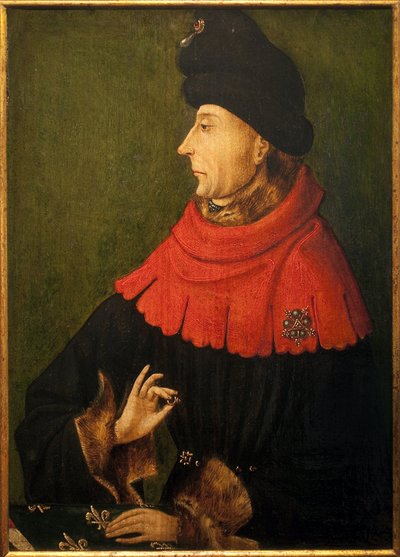 Portret van Jean Sans Peur, hertog van Bourgondië (1371-1419). De ring die hij in zijn hand houdt is de robijn van Bourgondië, gekocht door Filips de Stoute in 1397, die werd bewaard in de abdij van Saint Benigne in Dijon en door de abt aan elke nieuwe her door Unknown artist