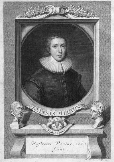 Portret van John Milton, Engelse dichter en essayist (1608 - 1674) gravure 18e eeuw door Unknown artist