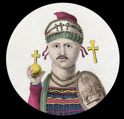 Portret van Justinianus I (De Grote) (Flavius Petrus Sabbatius Justinianus) (482-565). Romeinse keizer van het Oosten. Gravure uit de 19e eeuw. door Unknown artist