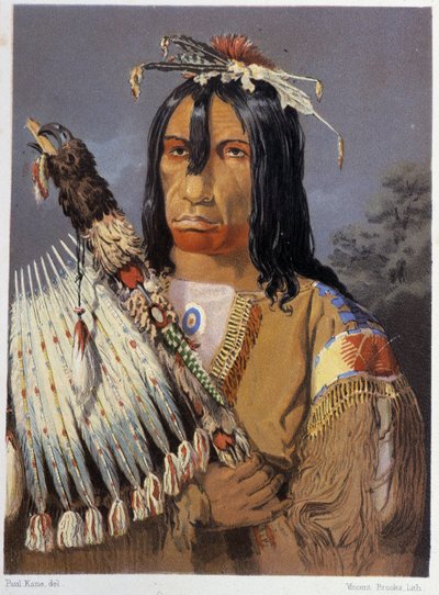 Portret van Kee-Ake-Saa-Ka-Wow met de kalumet - in "Wandering of an artist among the indians of north america" door Paul Kane, Longmans & Roberts, Londen door Unknown artist