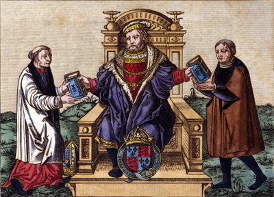 Portret van koning Hendrik VIII van Engeland (1491 - 1547) op zijn troon, de Bijbel overhandigend aan twee hovelingen. Kleurgravure. door Unknown artist