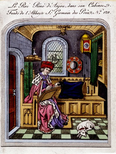 Portret van koning René van Anjou (1409-1480), ook wel René I van Napels of René van Sicilië genoemd, in zijn kabinet - gravure naar een miniatuur door Unknown artist