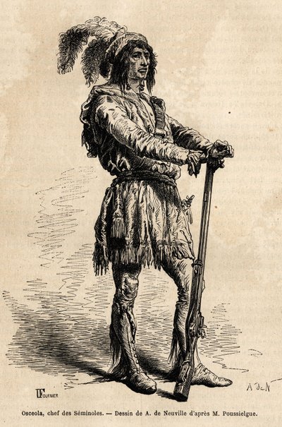 Portret van Osceola (1804-1838), leider van de Seminolen, aan het hoofd van het Indiaanse verzet tegen de Verenigde Staten tijdens de Florida-oorlog (1835-1842). Gravure ter illustratie van het verhaal vier maanden in Florida, door Achille Pousselgue in 18 door Unknown artist