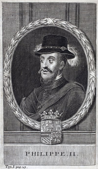 Portret van Filips II van Spanje (Felipe) (1527-1598), koning van Spanje en Portugal. Gravure ter illustratie van 
