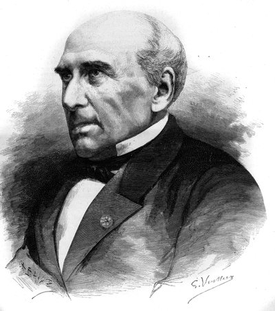 Portret van Pierre Guillaume Frederic Le Play (Pierre-Guillaume-Frederic) (1806-1882), Franse ingenieur en socioloog. Gravure in 