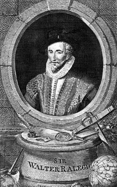 Portret van Sir Walter Raleigh (1554 - 1618), Engelse hoveling navigator en schrijver. Gravure uit de 18e eeuw door Unknown artist