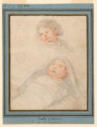 Portret van een jongen en een ingebakerd kind door Unknown artist