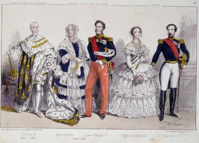 Portret van de Bourbons. Van links naar rechts: Charles X (1757-1836), Marie Amelie (1782-1866), Louis Philippe I (1773-1850), Eugenie de Guzman (1826-1920) en Napoleon III (1808-1873) door Unknown artist