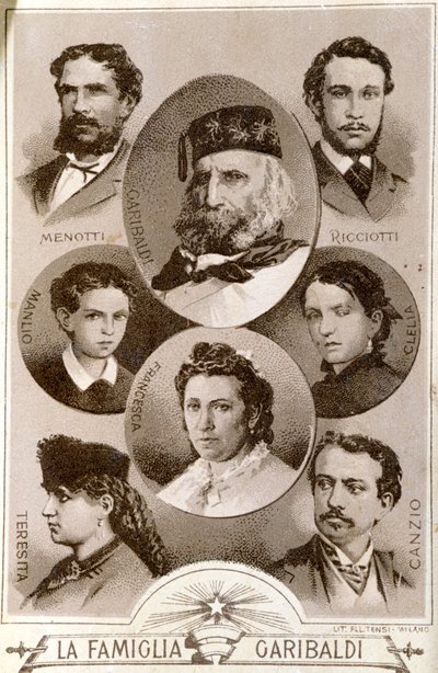 Portret van de patriot en held van het Risorgimento Giuseppe Garibaldi (1807-1882) en leden van zijn familie: Menotti, Ricciotti en Teresita, zoon van Anita; Stefano Canzio, vrouw van Teresita; Francesca Armosino, derde vrouw en hun kinderen Clelia en Ricc door Unknown artist