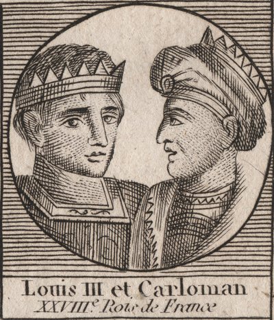 Portretten van Lodewijk III (863/65-882) koning van de Franken tussen 879 en 882 en Carloman II (866-884), koning van de Franken van 879 tot 884 - Lodewijk II koning van West-Francië en Carloman II, koning van West-Francië - gravure uit 