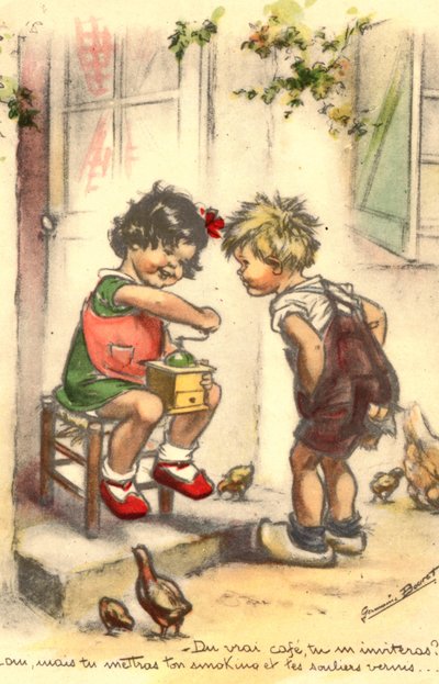 Ansichtkaart, kitsch, twee kinderen met een koffiemolen, meisje en jongen door Unknown artist