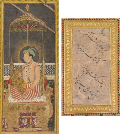 Postuum Portret van Keizer Jahangir onder een Baldakijn (recto); Calligrafie (verso) door Unknown artist