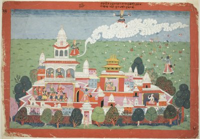 Pradyumna betreedt het paleis van de demon Sambar en daagt hem uit tot een gevecht, pagina uit een verspreid Bhagavata Purana manuscript door Unknown artist