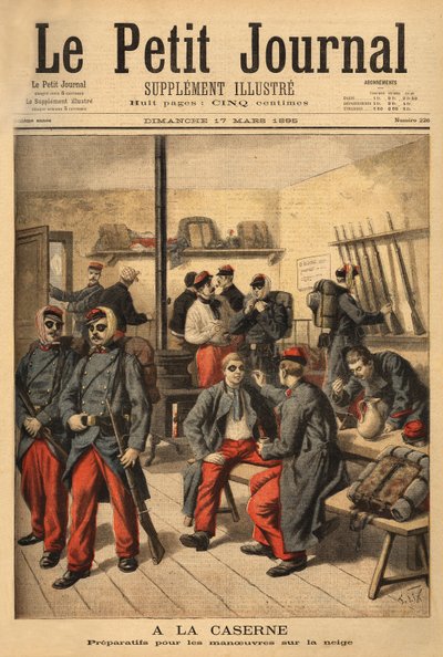 Voorbereidingen voor manoeuvres in de sneeuw, in plaats van een bril met rookglazen dragen de soldaten zwarte roet. Gravure in "Le petit journal" 17/03/1895. Selva