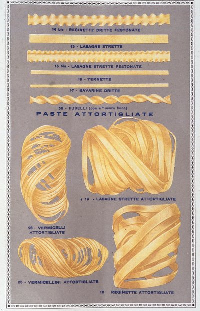 Presentatie van verschillende soorten Italiaanse pasta door Unknown artist