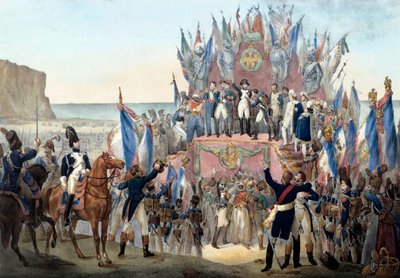Uitreiking van het Legioen van Eer door Napoleon Bonaparte in de Terlincthum-vallei in Boulogne (16 augustus 1804) Gravure - Parijs, Musée de l