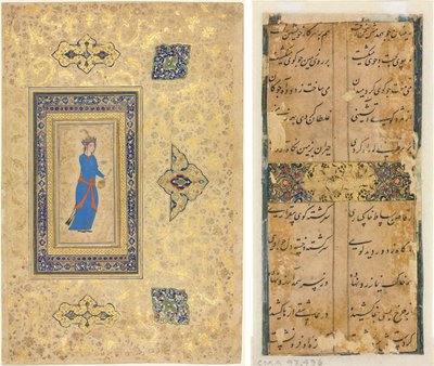 Prinses met wijnfles en beker (recto); Perzische verzen (verso) door Unknown artist