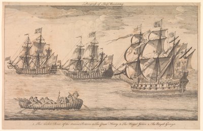 Voortgang van de scheepsbouw. 1. De rieten boot van de oude Britten 2. De Grote Harry 3. De Koninklijke James 4. De Koninklijke George door Unknown artist