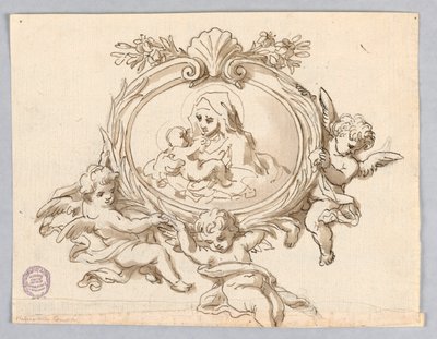 Project: Drie vliegende engelen die een breed ovaal frame ondersteunen met de voorstelling van de Maagd met Kind door Unknown artist