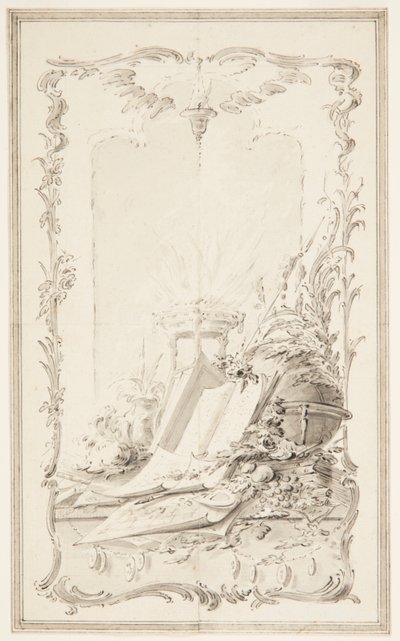 Project voor boekillustratie; Een paneel met attributen van wetenschappen en van een held door Unknown artist
