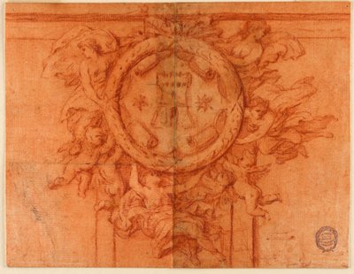 Project voor een wanddecoratie (Vrouwelijke figuren en putti ondersteunen een cirkelvormig medaillon met wapenschild) door Unknown artist