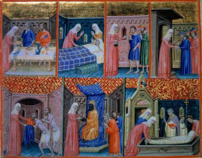 Psalm 88: Liefdadigheid. Vrouw die twee armen aan tafel bedient, een zieke bezoekt, twee gevangenen te drinken geeft, reizigers verwelkomt, kleding geeft, gevangenen koopt en een dode begraaft. Miniatuur in Psalter van Canterbury (f.156v), ca. 1200-1250 door Unknown artist