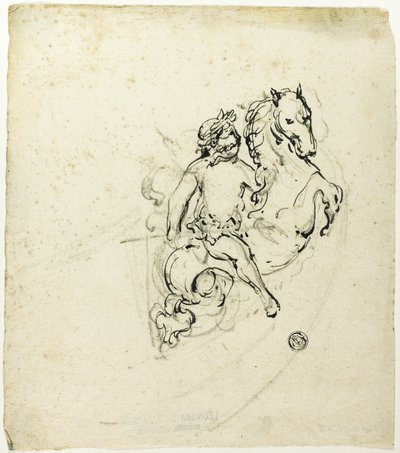 Putto gekroond met lauwerkrans, op steigerend paard door Unknown artist
