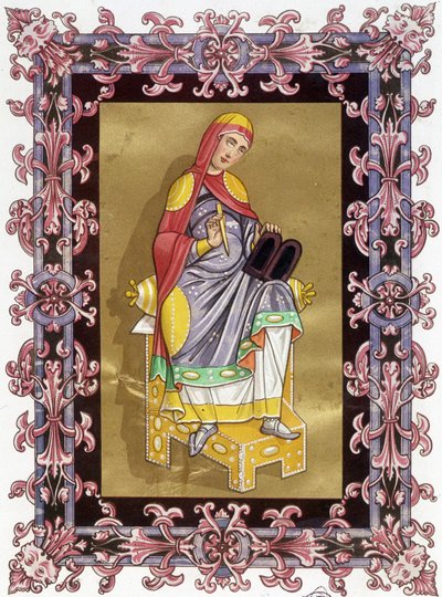 Radegonde (ca. 520 - 587), koningin van Frankrijk, vrouw van Clotaire I. Chromolithografie uit de 19e eeuw gebaseerd op verluchting. door Unknown artist