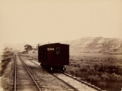 [Spoorwegwagon op sporen]. door Unknown artist