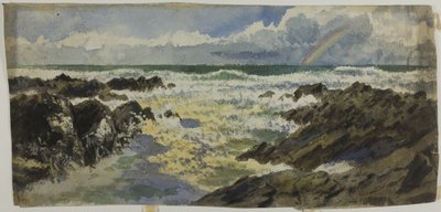 Regenboog boven stormachtige zee door Unknown artist