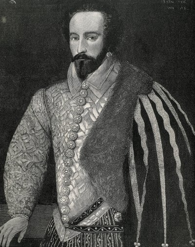 Sir Walter Raleigh (1554-1618). Engelse zeeman, ontdekkingsreiziger en makelaar. Portret van Sir Walter Raleigh. Gegraveerd in 1891, uitgevoerd naar een anoniem origineel dat bewaard wordt in de National Portrait Gallery van Londen. Gravure. door Unknown artist