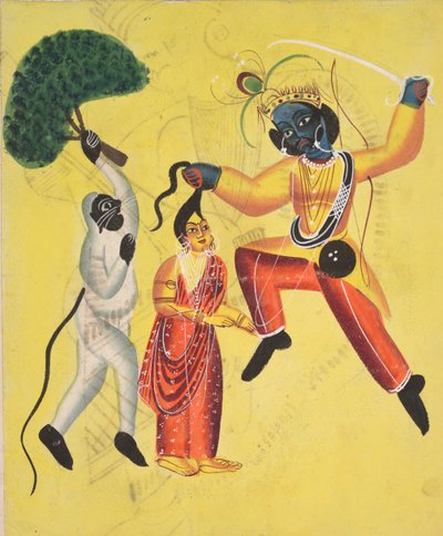 Rama en Hanuman, met een ontwortelde boom, redden Sita door Unknown artist