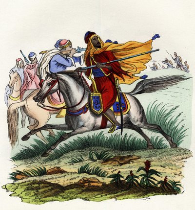 Rode ruiters van Emir Abd-el-Kader vluchten voor de jagers van het Franse leger van Afrika in Oran in 1841. In 