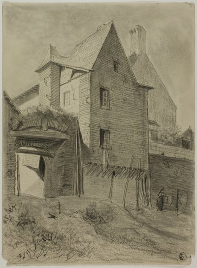 Overblijfsel van oud kasteel opgenomen in boerderij door Unknown artist