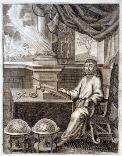René Descartes (1596 - 1650) in zijn kantoor met wetenschappelijke apparatuur. Gravure uit de 17e eeuw door Unknown artist