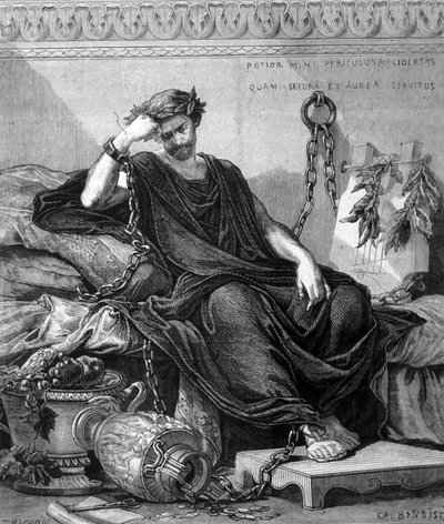 Afbeelding van Damocles geketend tussen de spijzen van het feest waarbij Denys de Oudere een zwaard boven zijn hoofd liet hangen om hem de kwetsbaarheid van geluk te tonen. Gravure uit de 19e eeuw door Unknown artist
