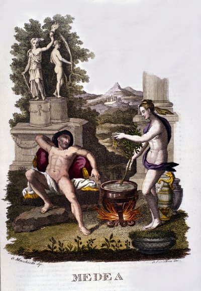 Voorstelling van Medea die zijn vervloekingen voorbereidt na de cyclus van Argonauten. Gravure uit de 19e eeuw. door Unknown artist