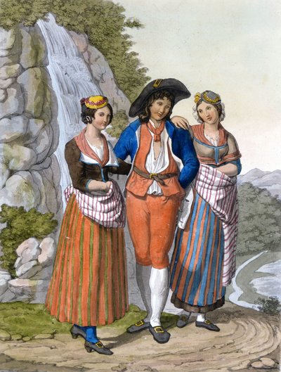 Voorstelling van Vaudois met hun kleding. Ca. 1820. door Unknown artist