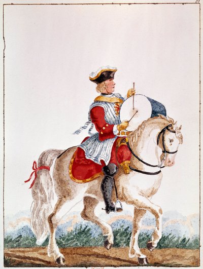 Voorstelling van een Franse musketier uit de periode van Lodewijk XV. Gouache uit de 18e eeuw Parijs, B.N. door Unknown artist