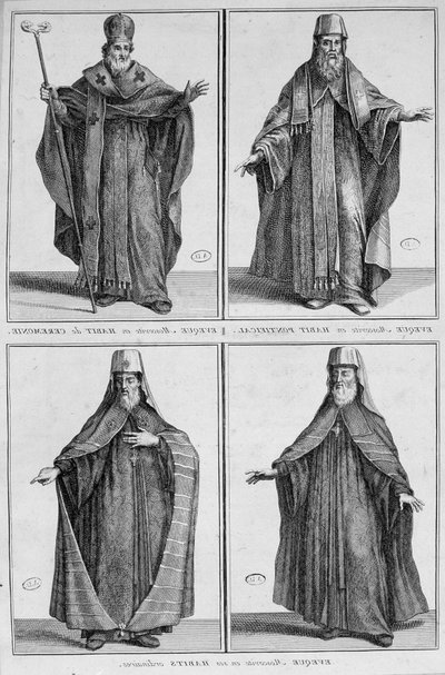 Voorstelling van een Moskouse bisschop in gewone en ceremoniële kleding. Gravure door Unknown artist