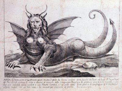 Voorstelling van een harpij, een monster gevonden in een Peruaans meer door Unknown artist