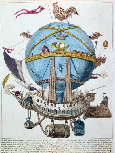 Voorstelling van een reis in een ballon, satirische gravure uit de 18e eeuw door Unknown artist