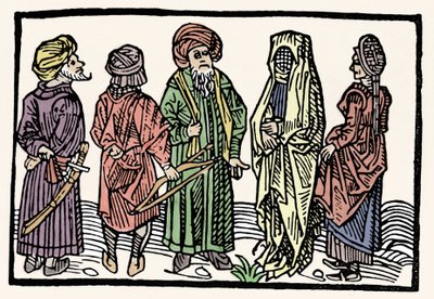 Voorstelling van boekweit. Mannen met armen met verstrengelde hoofden en gesluierde vrouwen. Houtsnede uit de 15e eeuw door Unknown artist