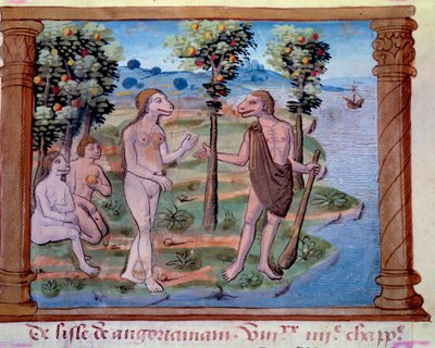 Voorstelling van monsterlijke wezens met een menselijk lichaam en hondenkop door Unknown artist