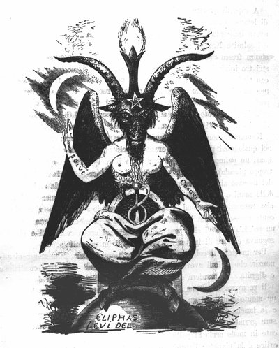 Representatie van de Baphomet: een monster met een geitenkop en een vrouwenlichaam met alchemistische citaten op de armen 